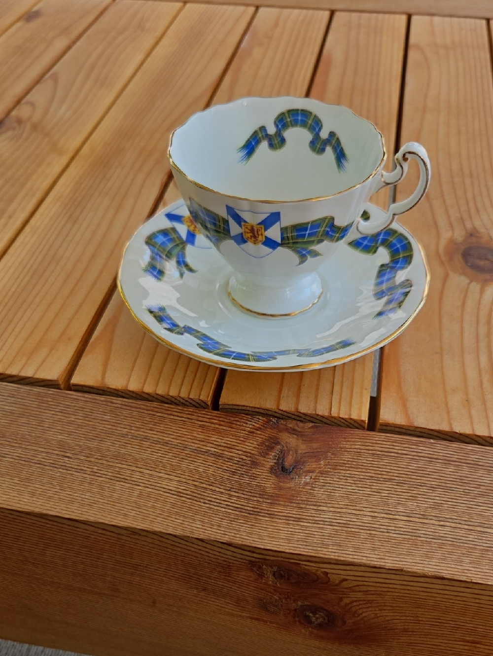 Nova Scotia Blue Tartan Bone China Teacup & Saucer with Gold Trim By Adderley.